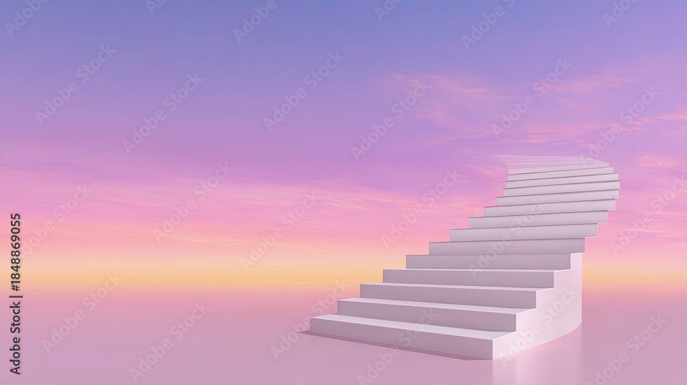 Fototapeta premium Abstract staircase leading into a colorful sky at sunrise, representing aspiration, hope, and the journey of life in a surreal landscape.