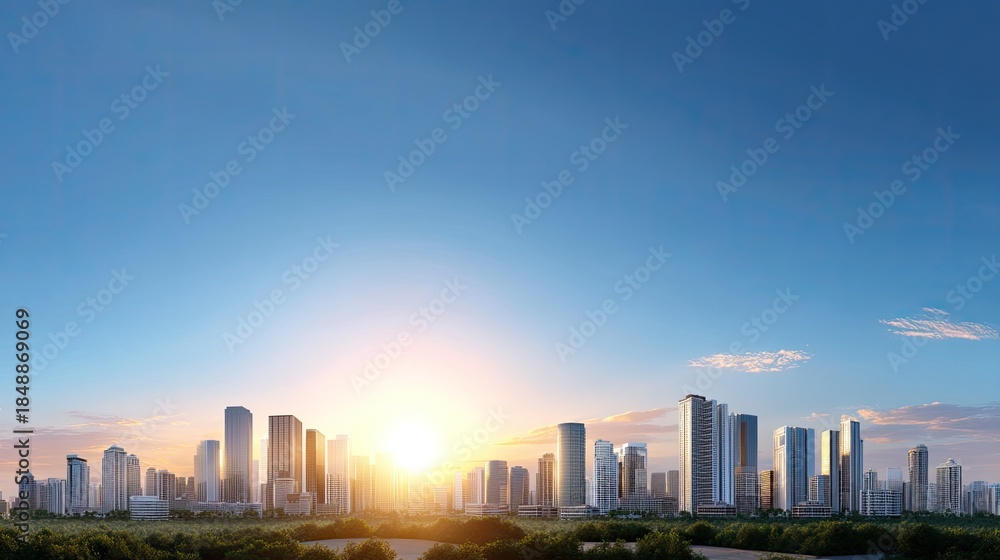 Obraz premium Stunning Sunset Over Modern City Skyline with Glass Buildings and Clear Blue Sky, Urban Landscape Captured in Wide-Angle View at Golden Hour