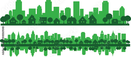 Green silhouette cityscape with houses and trees and their reflection skyline
