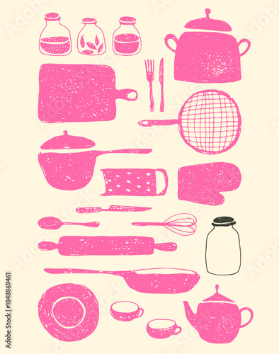 Poster of hand-drawn kitchen utensils. Bright pink and black.