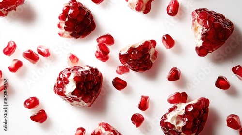 Scattered ruby red arils and pieces of fruit are displayed on a clean white surface