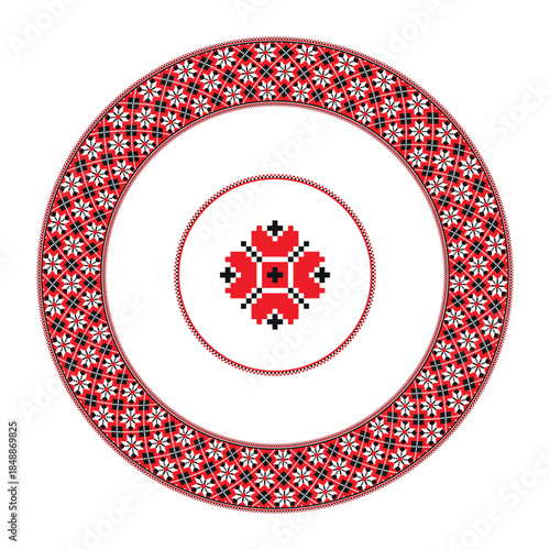Ukrainian folk embroidery pattern. Round frame. Traditional folk embroidery frame. Ukrainian, Belarusian, Bulgarian, Slavic embroidery. Folklore. For embroidery, plate, ceramic, textile. Cross stitch.