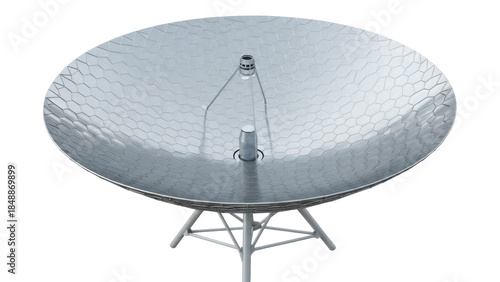 Large silver satellite dish isolated PNG on transparent background, communication technology for space exploration and scientific research