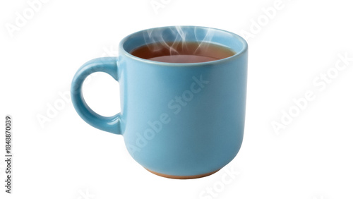 Fotografia Light blue ceramic mug with hot tea isolated PNG, steaming beverage in a cup on