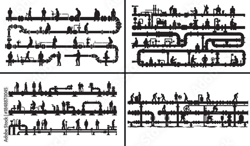 industrial pipe illustration vector, pipeline graphic design, oil gas pipeline artwork, factory pipe drawing set, industrial infrastructure illustration, metal pipe vector collection, engineering pipe