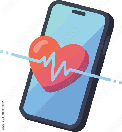 Smartphone Health Monitor Vector Graphic Illustration with Heartbeat Symbol on Mobile Phone Screen