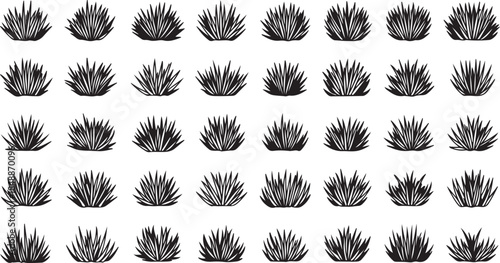 Grid of 35 black silhouette illustrations of grass clumps bush plant