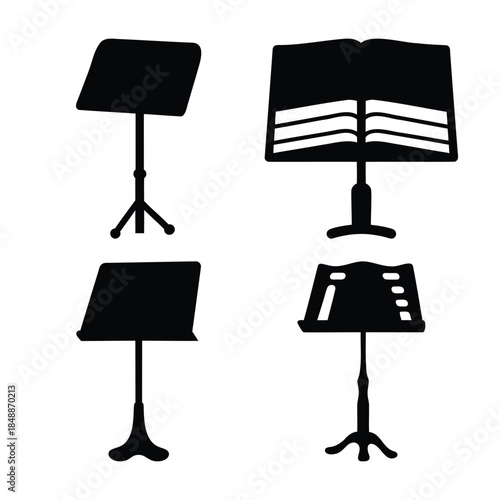Music stands vector icons set with sheet music and empty stands.