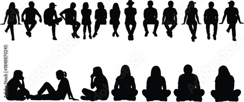 Human silhouettes sitting poses collection isolated on white background, diverse seated people figures illustration for design projects stock vector artwork