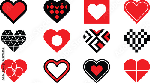 Diverse heart icon collection showcasing various styles and designs in red, black, and white