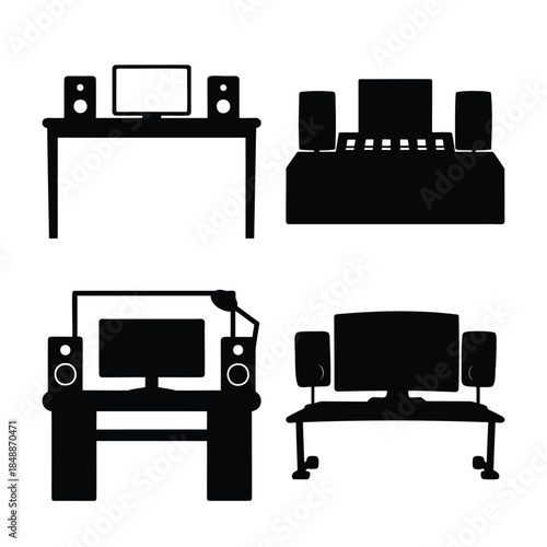 Home studio computer desk and audio equipment setups icons