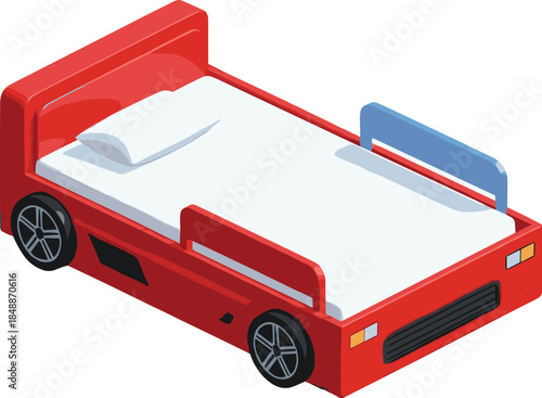 Isometric kids car bed furniture design with wheels and safety rails, playful children bedroom interior element, colorful vector illustratio