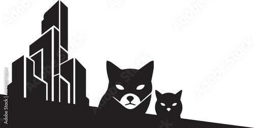 Minimalist Black Shiba Inu Dog and Puppy with Cityscape Vector Illustration Isolated