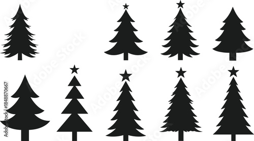 Minimal Christmas tree silhouettes set, black evergreen icons collection, winter holiday decoration symbols, modern flat vector illustration white background isolated