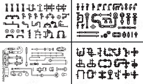 industrial pipe illustration vector, pipeline graphic design, oil gas pipeline artwork, factory pipe drawing set, industrial infrastructure illustration, metal pipe vector collection, engineering pipe