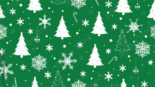 White Christmas Tree and Snowflake Pattern on Green Background illustration 7957bde9acfdf6fa80e4e0f590d15dbcdr