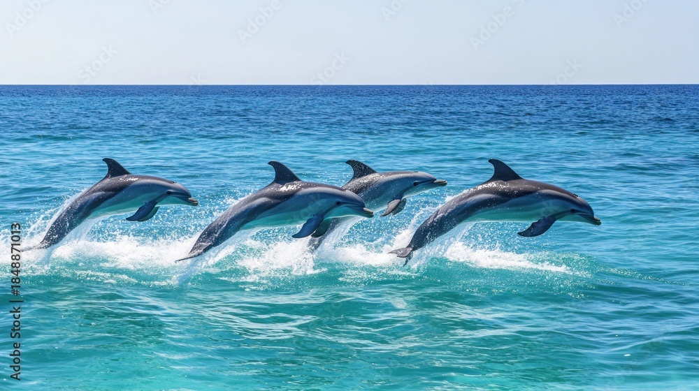 Fototapeta premium Four dolphins leap joyfully out of turquoise ocean water under a clear blue sky