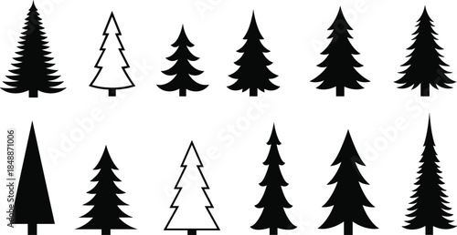 Pine tree icon set, black silhouette evergreen collection, Christmas forest symbols, minimal vector fir trees, winter nature design