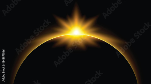 Solar eclipse background. Horizon light beam effect. Sunrise light, round sparkling rays. Vector