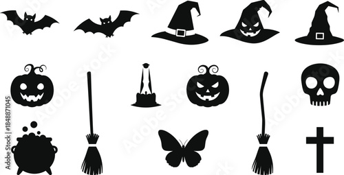 Halloween silhouette icons set with bats pumpkins witch hats brooms skull cauldron candle cross spooky black vector illustration isolated