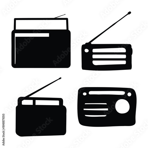 Four black radio icon silhouettes set for digital media projects