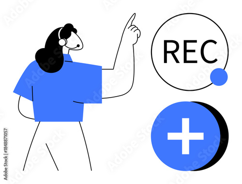 Recording concept. A woman pointing at a REC icon with a plus symbol s recording functionality and media creation. Recording useful for content production, streaming, apps, tutorial videos, and media