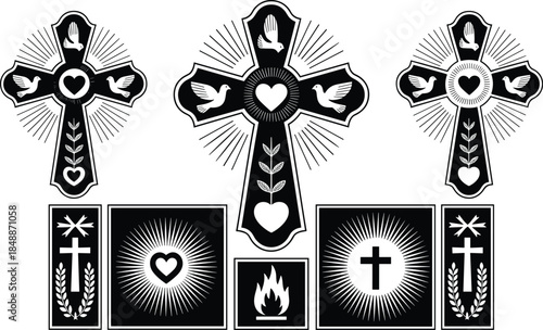 Black and white crosses with hearts and doves