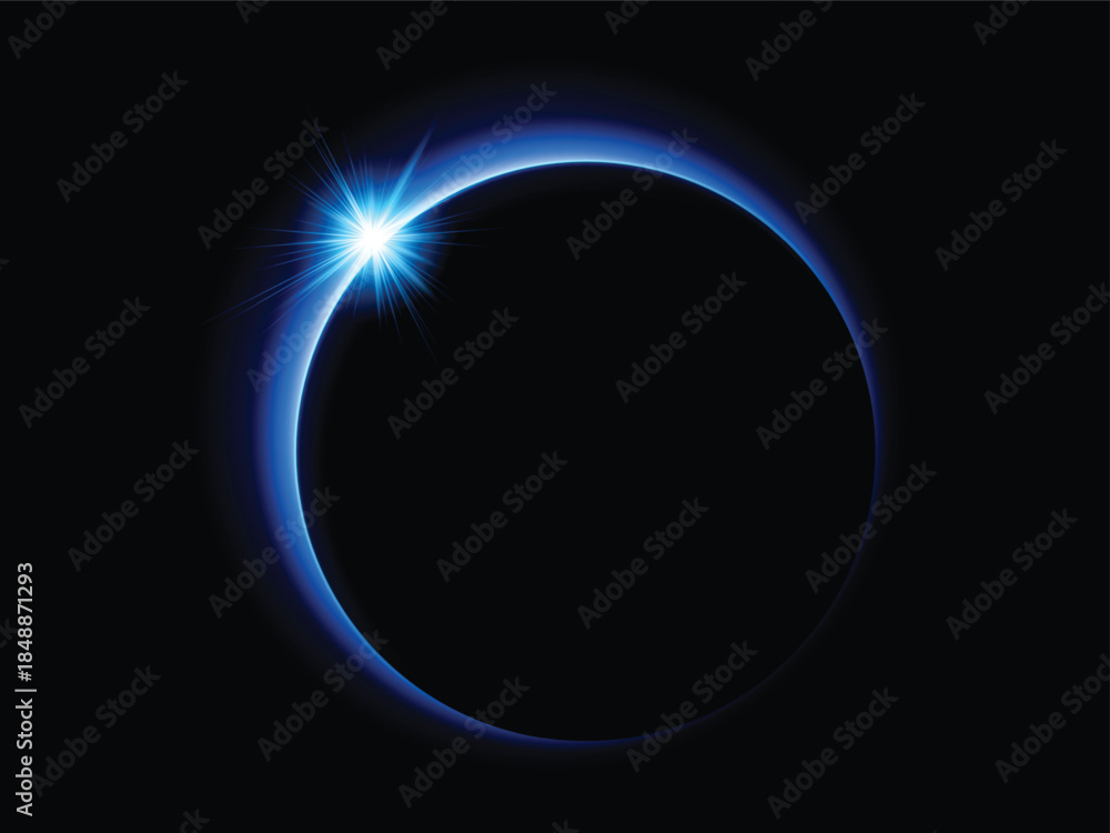 Obraz premium Solar eclipse with sparkling light effect. Sunrise horizon. Round sparkling aura. Vector