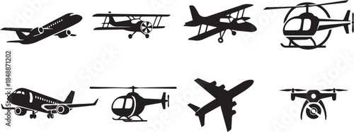 Collection of various aircraft silhouettes in black and white