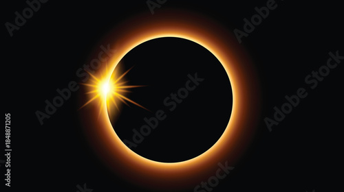 Solar eclipse background. Horizon light beam effect. Sunrise light, round sparkling rays. Vector