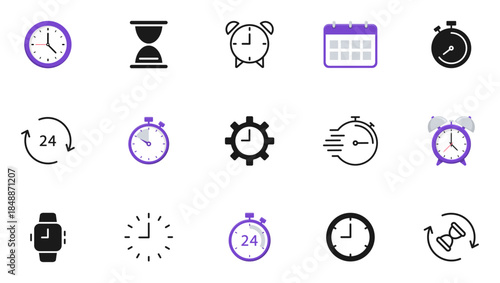 Time and Clock linear icons set. Timer, watch, speed, calendar, alarm clock, date and time management. Editable stroke. Vector illustration.