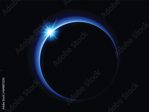 Solar eclipse with sparkling light effect. Sunrise horizon. Round sparkling aura. Vector
