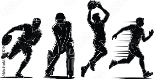 Black and white silhouettes of athletes playing rugby cricket basketball and sprinting