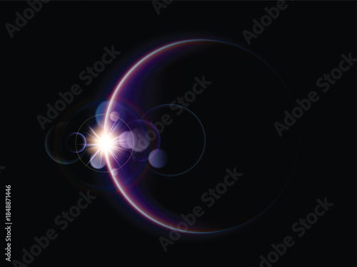 Solar eclipse with sparkling light effect. Sunrise horizon. Round sparkling aura. Vector