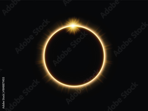 Solar eclipse with sparkling light effect. Sunrise horizon. Round sparkling aura. Vector