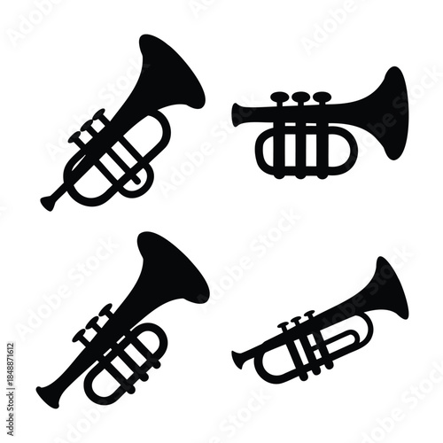 Trumpet musical instrument silhouette icons set on white background