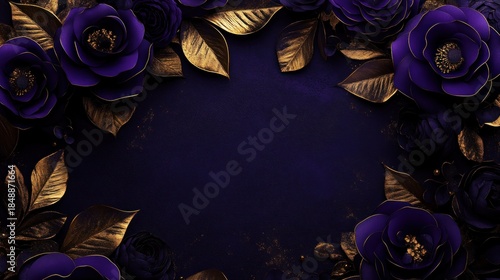 Lush purple and gold floral arrangement borders a textured dark blue background