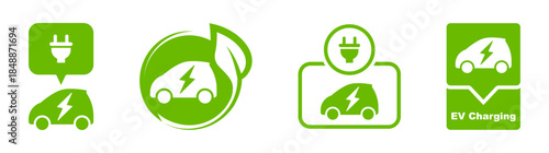 EV car icon set. Electric car with plug icon. Charging station logo. Hybrid vehicles sign. Powered location. Eco friendly vehicle symbol. Vector illustration.