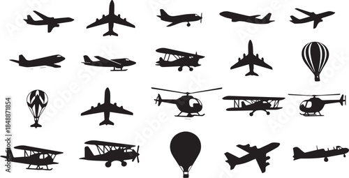 Collection of various aircraft silhouettes isolated on white background