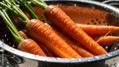 Wet carrots in metal colander symbolizing natural nutrition