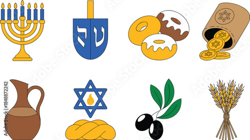 Colorful Jewish Symbols and menorah dreidel