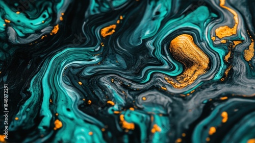 Swirling abstract art with teal, black, and gold tones, resembling liquid marble or gemstone textures