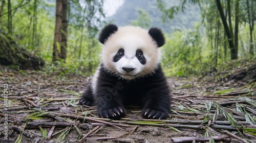 A fuzzy panda cub sits in a forest clearing, looking directly at the viewer