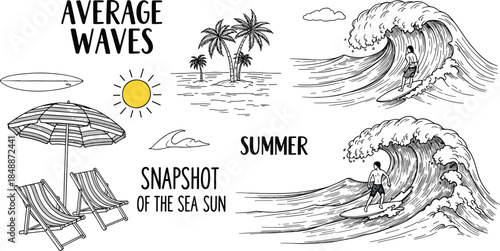Summer beach illustration with surfing waves, palm trees, sun, umbrellas and seaside elements, hand drawn ocean lifestyle design artwork