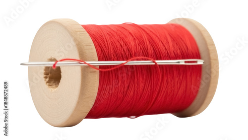 Photos Red thread on wooden spool with needle isolated PNG, sewing material for crafts