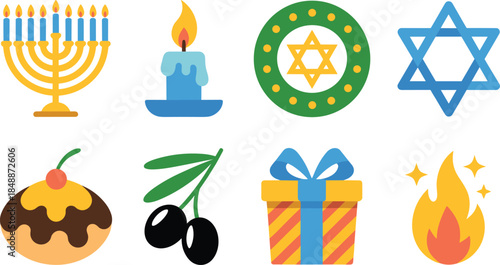 Colorful Hanukkah Symbols and menorah candle