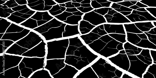 Abstract black and white cracked earth texture showing dry, fractured ground patterns. High-contrast natural surface background symbolizing drought, climate change, arid land, and environmental stress