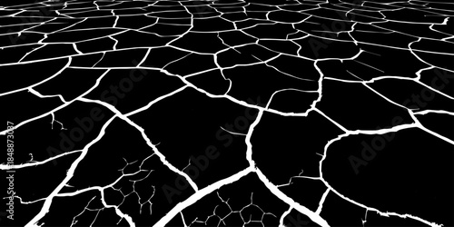 Abstract black and white cracked earth texture showing dry, fractured ground patterns. High-contrast natural surface background symbolizing drought, climate change, arid land, and environmental stress