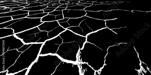 Abstract black and white cracked earth texture showing dry, fractured ground patterns. High-contrast natural surface background symbolizing drought, climate change, arid land, and environmental stress
