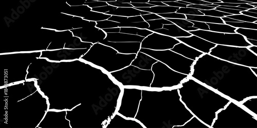 Abstract black and white cracked earth texture showing dry, fractured ground patterns. High-contrast natural surface background symbolizing drought, climate change, arid land, and environmental stress